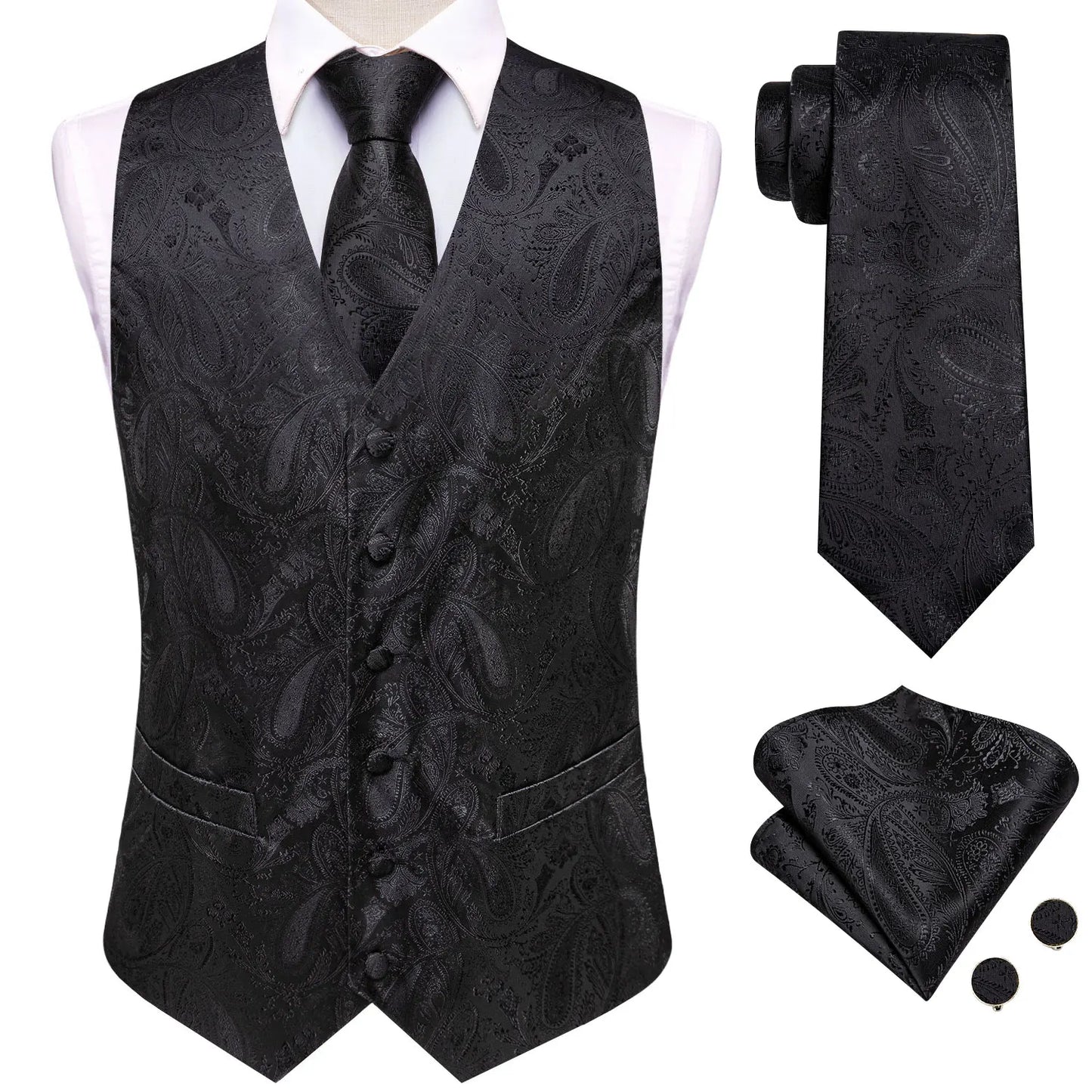 4Pcs Men Formal V-Neck Vest Kit Waistcoat Tie Handkerchief & Cufflinks for Occasions
