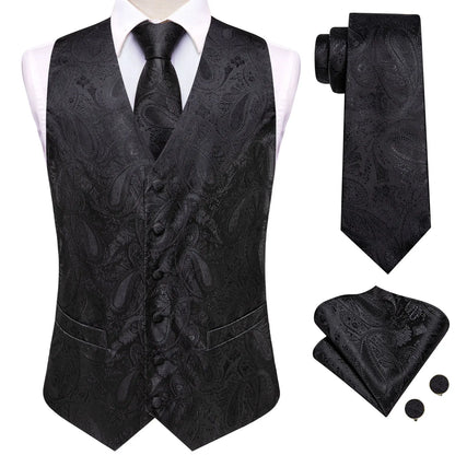 4Pcs Men Formal V-Neck Vest Kit Waistcoat Tie Handkerchief & Cufflinks for Occasions