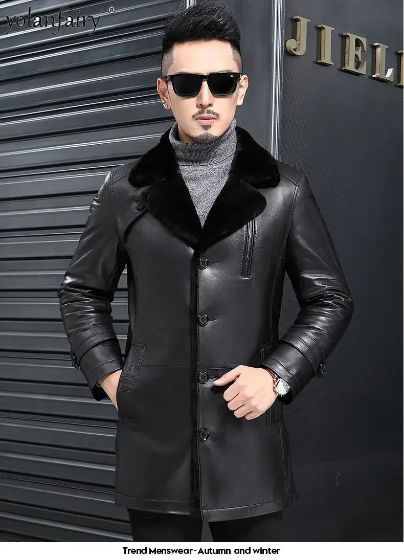 YOLANFAIRY Natural Leather and Fur Jackets for Men Midium Pure Sheepskin Genuine Leather Jacket Lapel Mens Winter Coat Thick 6XL