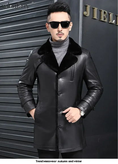 YOLANFAIRY Natural Leather and Fur Jackets for Men Midium Pure Sheepskin Genuine Leather Jacket Lapel Mens Winter Coat Thick 6XL