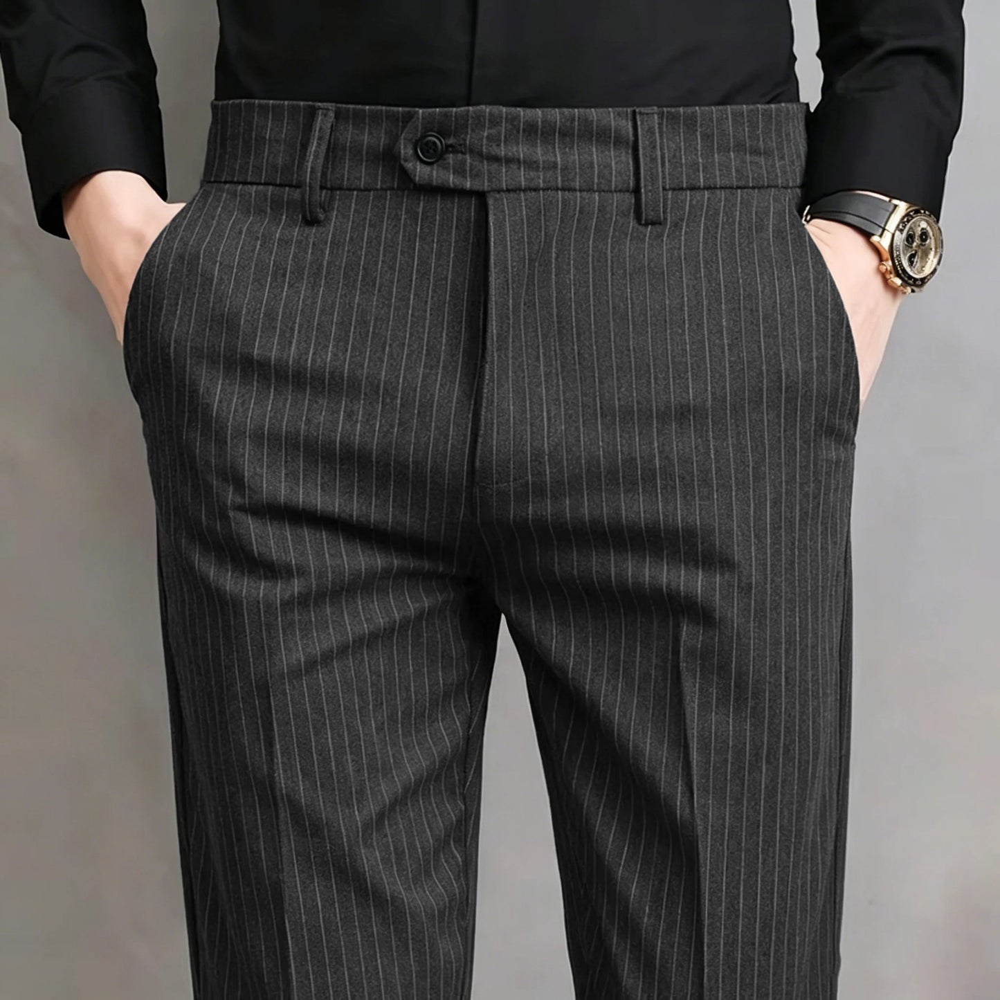 Pinstripe Pattern Suit Pants for Man Formal Dress Slim Fit Pants Elastic Waist Summer Thin Casual Trousers Male Business Wedding