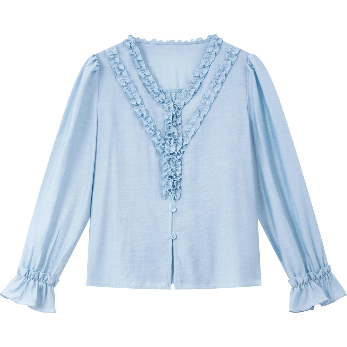 VIMLY Women‘s Versatile Blouses 2026 Spring New French Style V Neck Ruffle Trim Loose Fit Elegant Daily Long Sleeve Shirt A3838