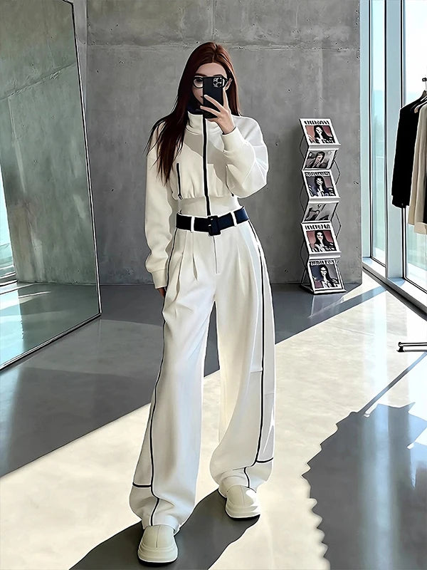 Winter Fashion Short Zipper Jacket High Waist Wide Leg Pants Two Piece Set Simple Design Casual Style Polyester Fabric