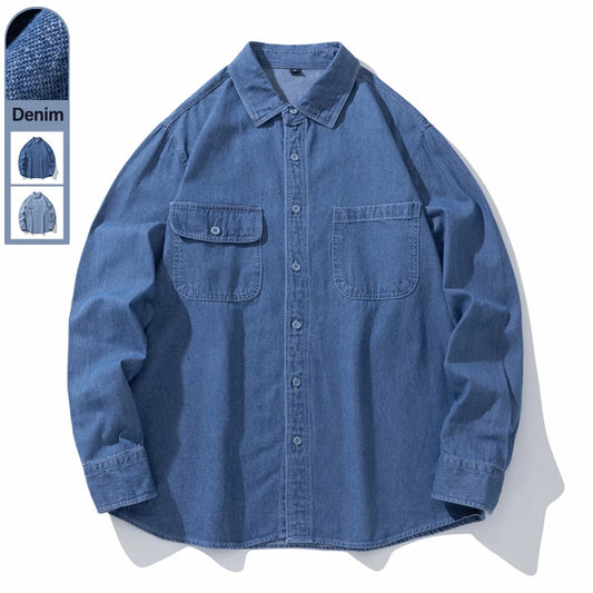 Loose Denim Shirt Men's Autumn New Washed Dark Blue Japanese Fashion Pocket Design Long Sleeve Jean Shirts Male Clothes