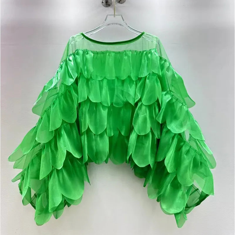 Women's Spring Autumn Tops Shirt Bat Sleeve Ruffle Irregular New Retro Simple Comfortable Loose Casual New Soft Niche Versatile