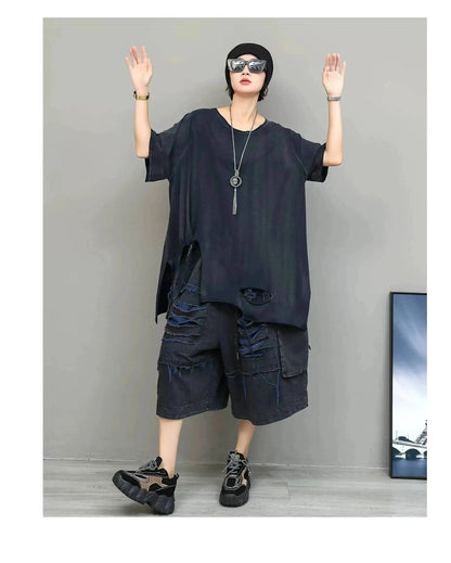 Trendy Cool Fashion Top Women Distressed Asymmetrical Mid-length T-shirt Loose LX5861