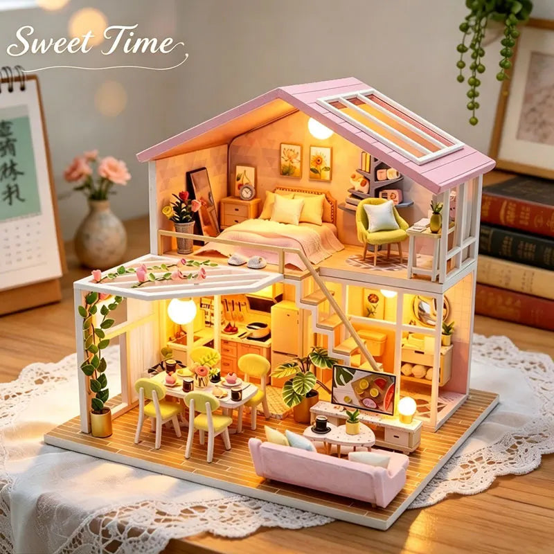 Zuuton Sweet Pink Villa DIY Miniature Doll House Kit with LED Light 3D Wooden Puzzle Building Kit with Furniture Gift Dollhouse