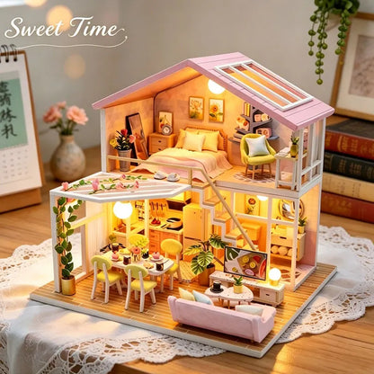 Zuuton Sweet Pink Villa DIY Miniature Doll House Kit with LED Light 3D Wooden Puzzle Building Kit with Furniture Gift Dollhouse