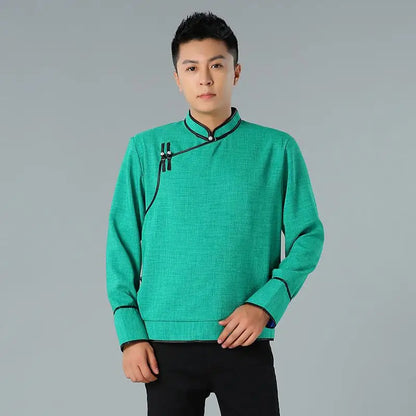 Modern Mongolian Ethnic Style Jacket Men's Stand Collar Shirt Outerwear Traditional Cultural Clothing Male Fashion