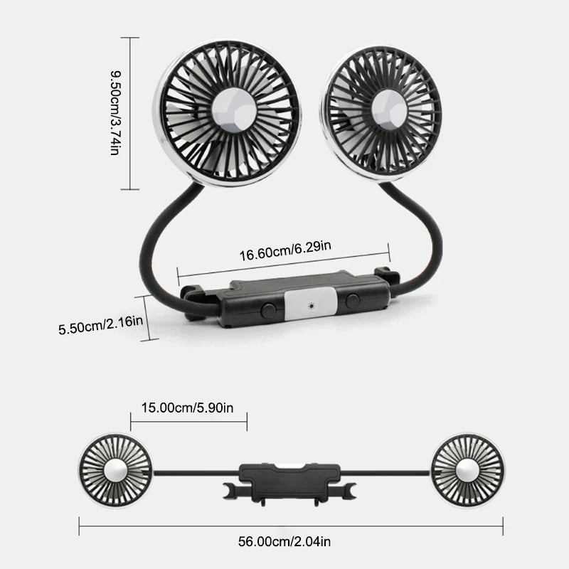 SEAMETAL Dual Head Car USB Fan Cooling Air Fan 3-Speed 360 Degree Adjustable Auto Headrest Fan for Summe Car Accessories