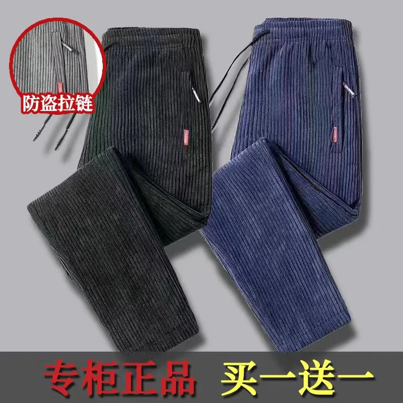 Men's Corduroy Pants Loose Casual Thickened Autumn Winter Straight Leg Zipper Decoration Business Casual Fashion Trend