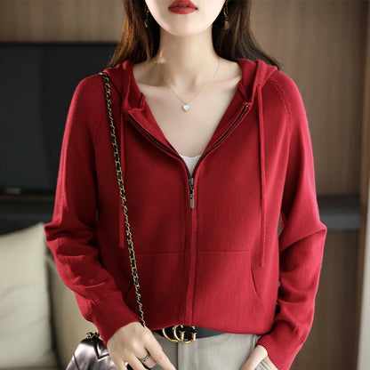 Explosions Women's Hooded Padded Long-Sleeved Sweater Cardigan Sweater Coat Beige Loose Zipper Coat Jacket