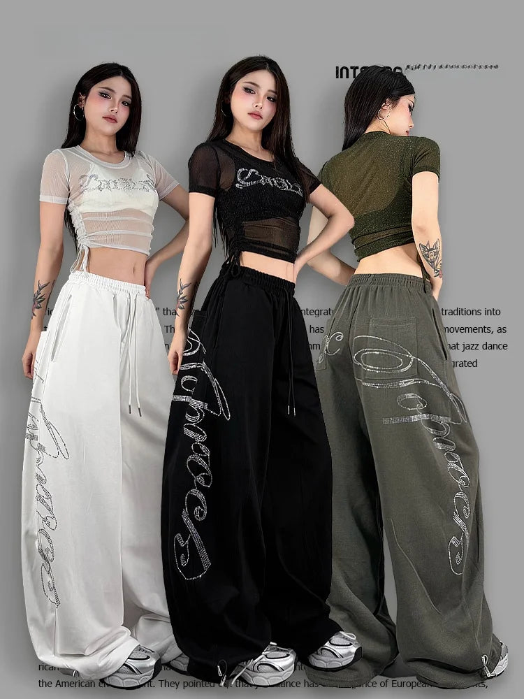 ROKBBK-K Glitter High Waist Wide Leg Pants Women's Street Dance Casual Loose Fashion Cotton Drill Lettering Trousers