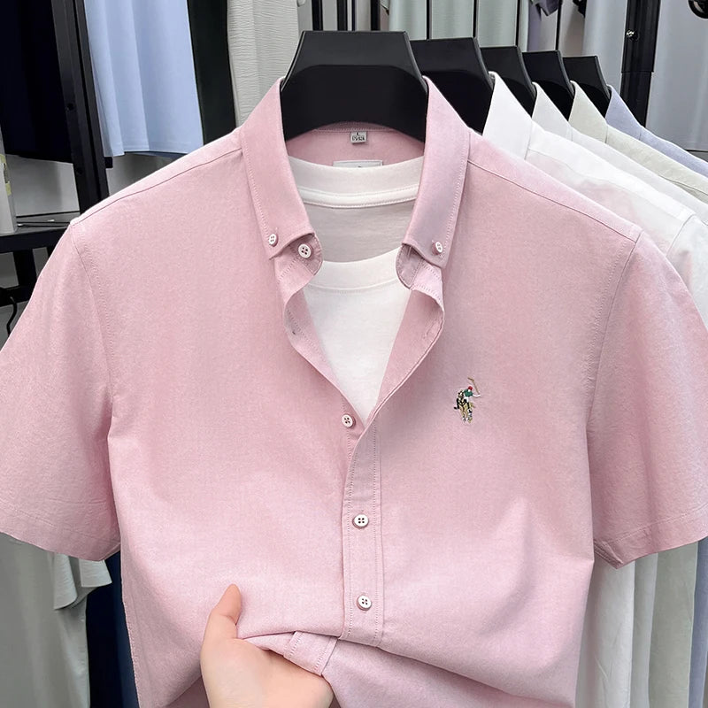 High-end Embroidered Summer 100% Cotton Short-sleeve Shirt for Men, Embroidered Youth Shirt, Business Casual Half-sleeve