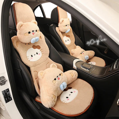 Hello Kitty Winter Plush Car Cushion Cover Cute Pink Warm Cartoon Women's Universal Warmth Seat Covers Auto Seat Accessories