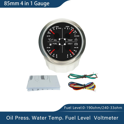 ELING Waterproof 85mm 4 in 1 Gauge Oil Pressure Water Temp Fuel Level Voltmeter with Light Alarm for Car Boat Yacht