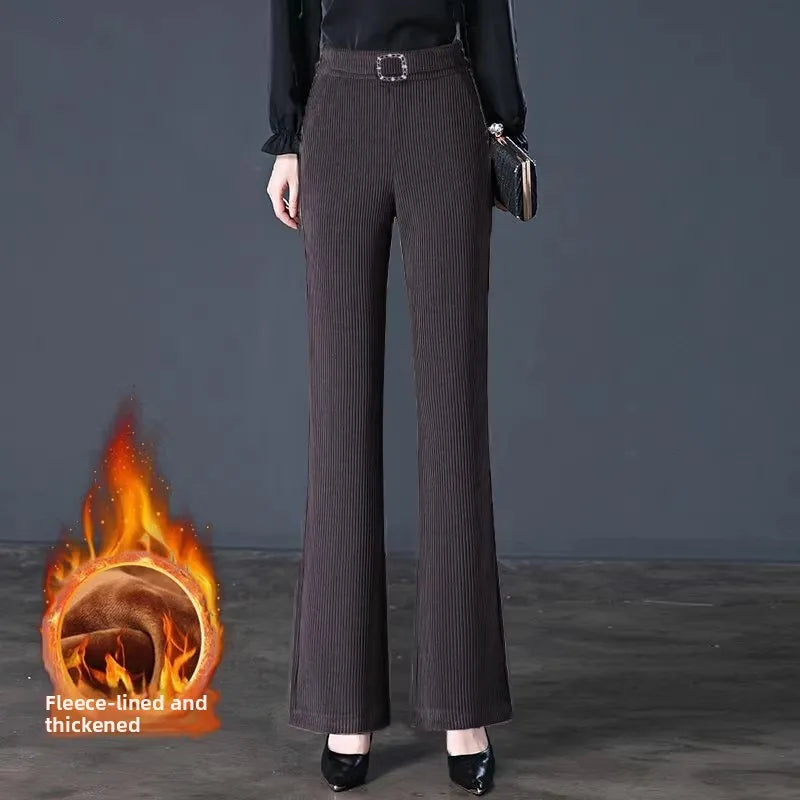 plus Size Flared Pants for Women Autumn Winter Fce Lined Casual High Waist Nine Points ket Pants for Middle-Aged Mothers