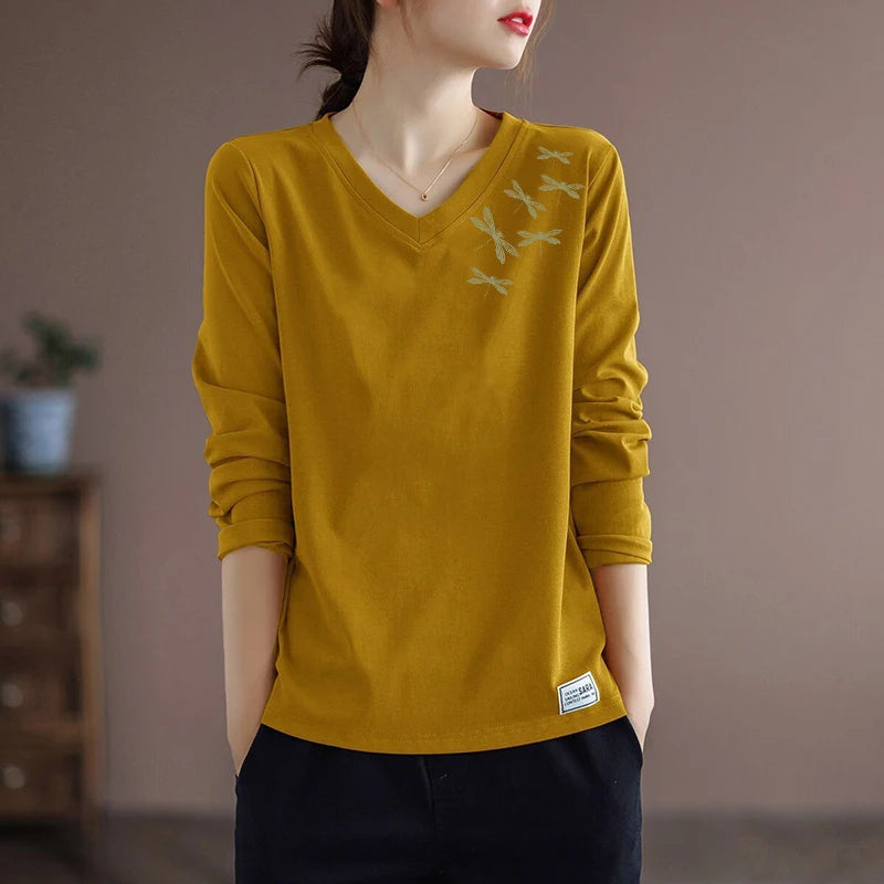 Pure Cotton Long Sleeve Women's T-shirt Autumn Season Versatile Base Layer Top Commute Style Loose Fit Regular Thickness