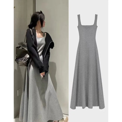 Summer Square Collar Sleeveless Vest Dress Large Size Loose plus Size Outerwear Base Layer over Knee Long Skirt Women's Clothing