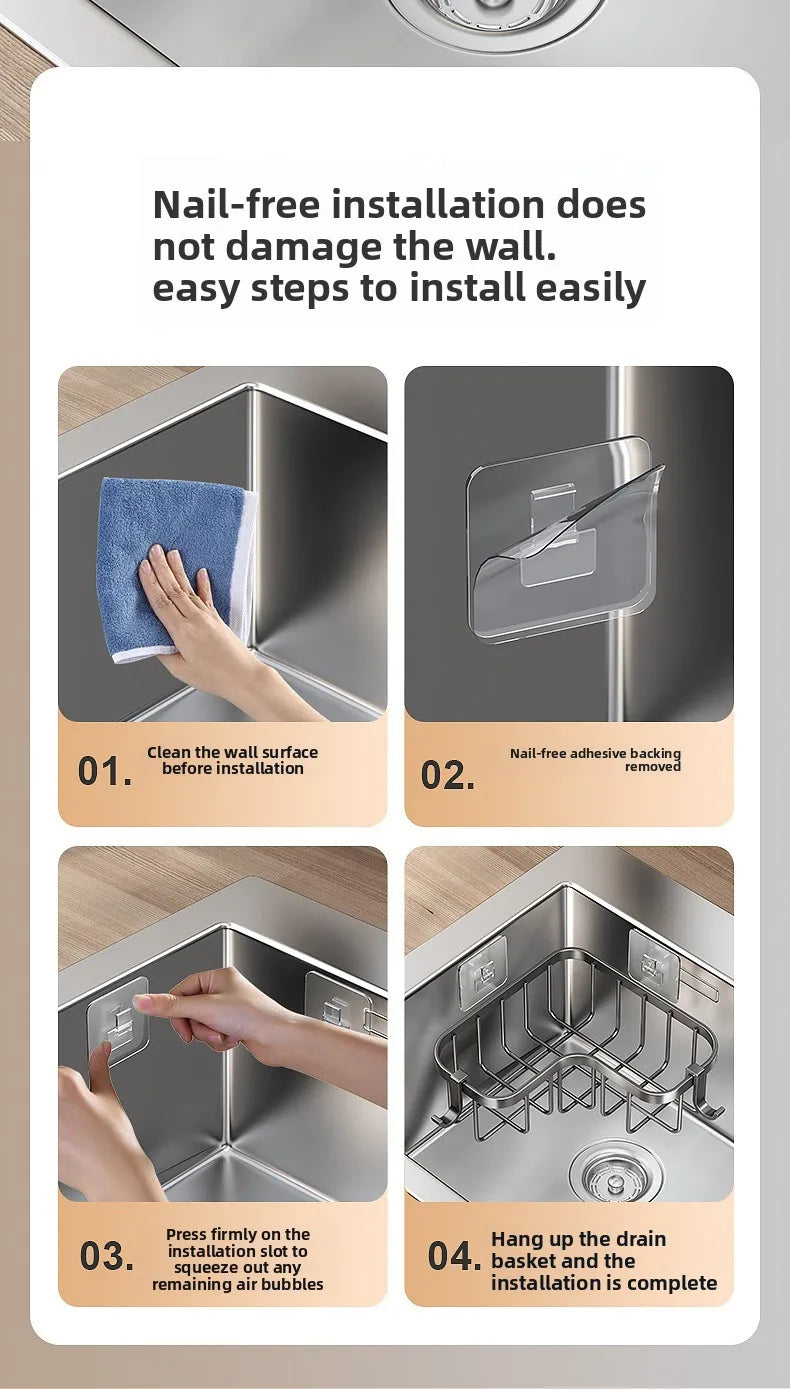 Kitchen Carbon Steel Sink Drain Rack No-Punching Wall Mounted Corner Dishcloth Storage Rack Waterproof Space Saving