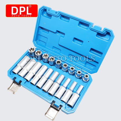 19 Pcs E Torx Star Deep Long Socket Set 1/2in Drive for Car Short and Long Hexagonal Sockets