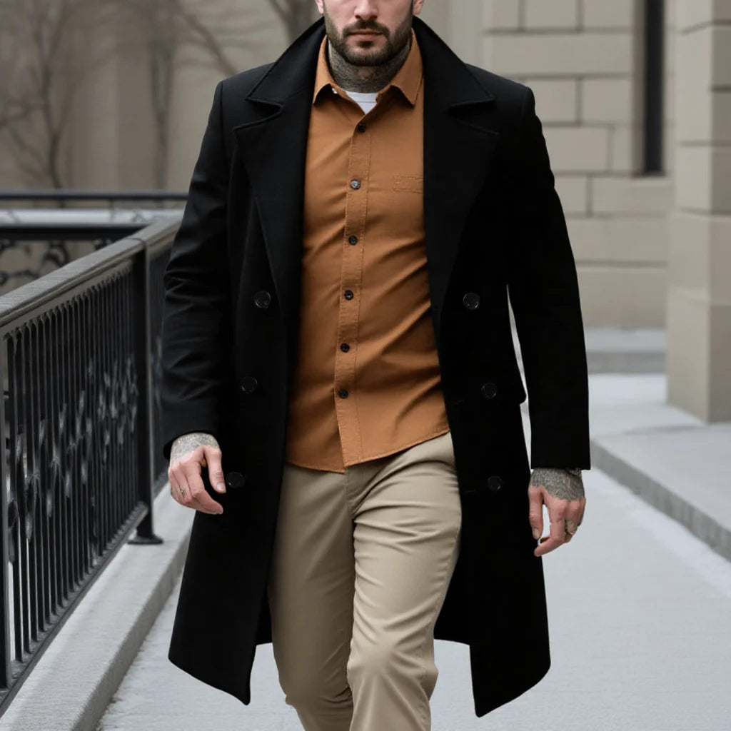 New Men's Elegant Woolen Overcoat Long Jacket For Early Autumn Warm Outdoor Street Style Commute Wear Double-Breasted