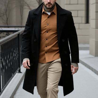 New Men's Elegant Woolen Overcoat Long Jacket For Early Autumn Warm Outdoor Street Style Commute Wear Double-Breasted