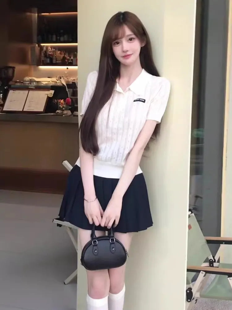 Miu Series White Knitted  Shirt Ice Silk Short Sleeve Turn-down Collar Slimming Effect Summer T-shirt for Women Korean Style