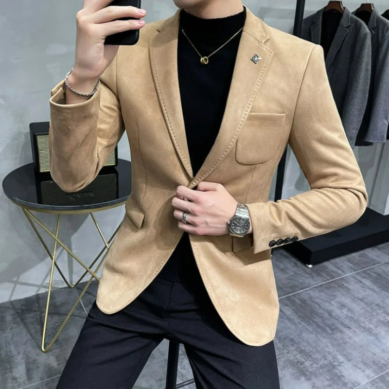 KIDWHXR Men's Fleece Jacket Suit Coat Blazer Men's Business Leisure Slim Fit Brand Fashion High Quality Single Button Suit Coat