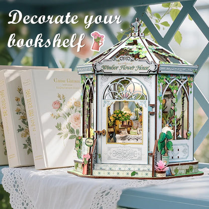 CUTEBEE DIY Book Nook Kit Windsor Flower House Wooden Bookshelf Insert 3D Building Model Miniature Dollhouse for Adults Gift