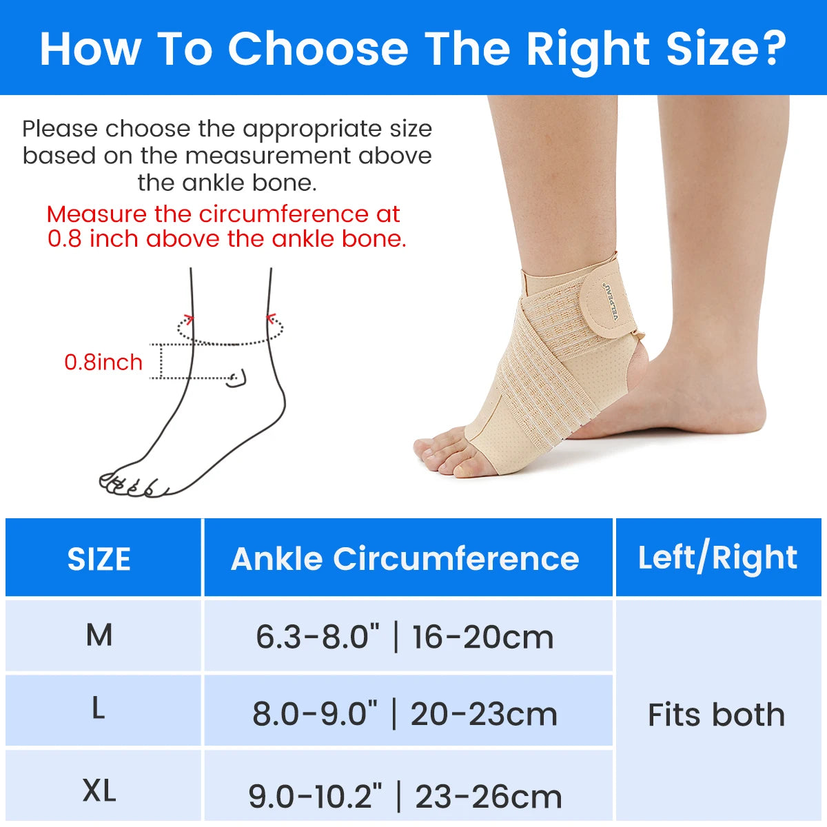 VELPEAU Ankle Compression Sleeve for Achilles Tendinitis and Plantar Fasciitis, Adjustable Ankle Support Universal for Both Feet