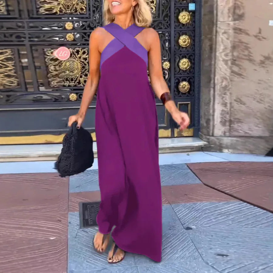 Women's Long Cross Dress Skirt European Style Mid-Waist A-Line Dress Polyester Fabric No-Sleeve Business Wear Single Piece