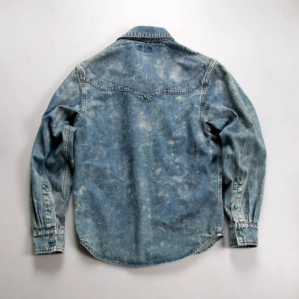 Mens Denim Shirt Vintage American Style Cotton Long Sleeve with Green Buttons