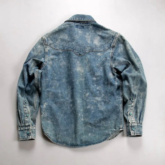 Mens Denim Shirt Vintage American Style Cotton Long Sleeve with Green Buttons
