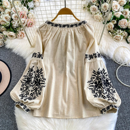 Bohemian Vacation Style Women's Shirt round Neck Lantern Sleeve Embroidery Heavy Work Autumn Design Sense Knot Design Top