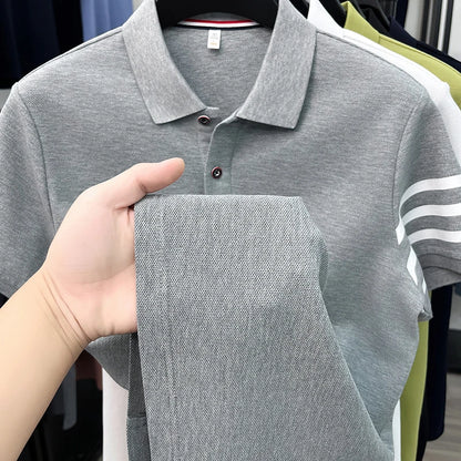 High End Luxury Men's Pure Cotton Short Sleeved Summer New Item 2026 Business Casual Daily Lapel T-shirt Striped Polo Shirt