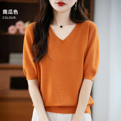 Thin Worsted Wool Short-Sleeved Women's Loose Round Neck T-shirt Printed Summer Fashion Knitted Bottoming Shirt Half-Sleeved