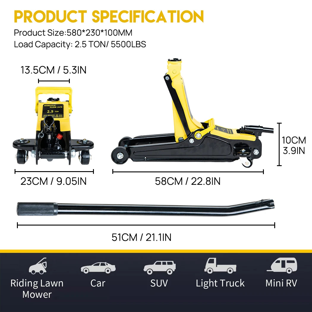 Low Profile Floor Jack 2.5 Ton Heavy Steel Single Piston Hydraulic Pump