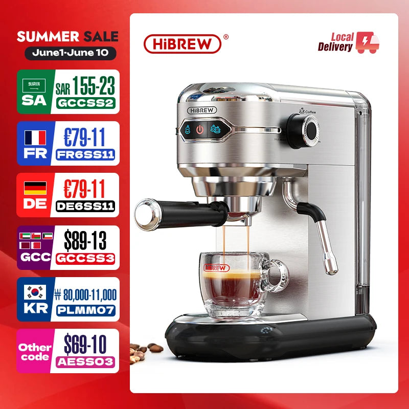 HiBREW Coffee Maker Cafetera 20 Bar Inox Semi Automatic Super Slim ESE POD& Powder Espresso Cappuccino Machine Hot Water H11
