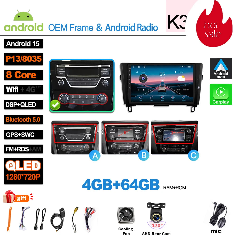 Car Radio For Nissan X-Trail Qashqai 2 J1T32 Qashqai J10 J11 2014 2015 2016 2017 2018 2019  Wireless WIFI GPS Carplay Auto DVD