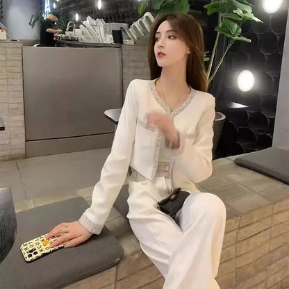 Elegant Fashion Set Women's Spring Autumn New Style Small Fragrance Wind Coat Wide Leg Pants Two Piece Set High Waist Long Pants