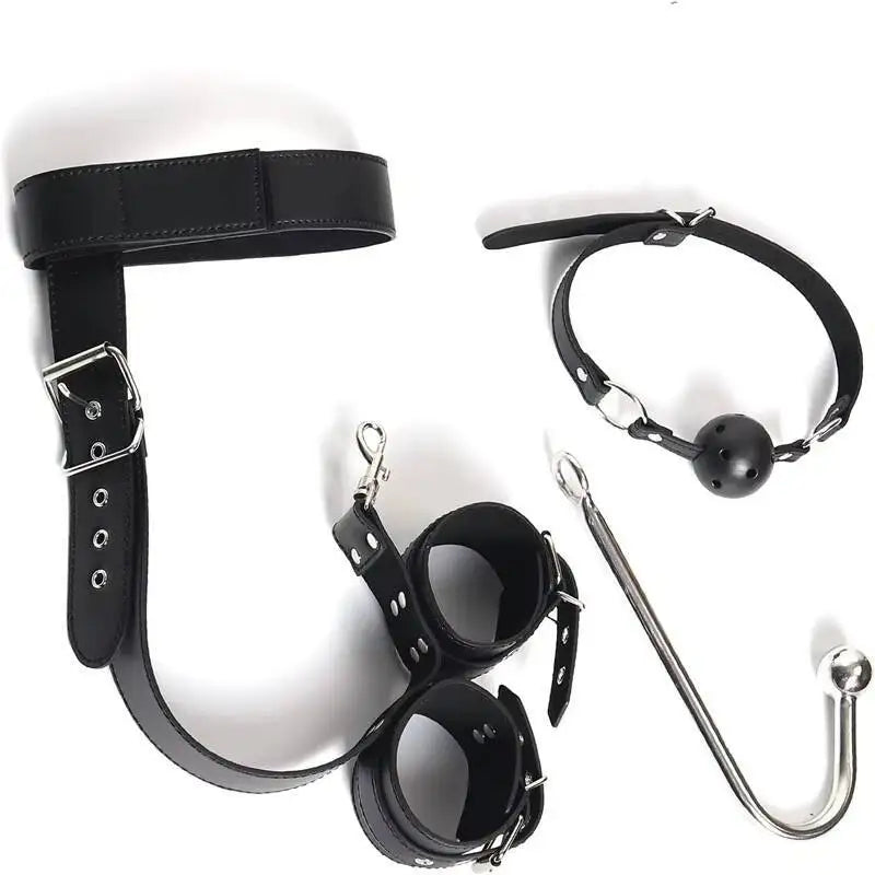 2 in 1 Leather Sex Bondage Set BDSM Anal Hook with Ball Gag Anal Trainer Role Play Butt Plug Fetish Slave Sex Toys for Woman Man