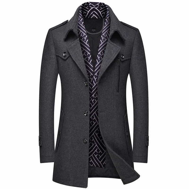 Thickened Men's Woolen Coat Scarf Collar Mid-Length Tweed Outerwear Winter Fashion Slim Fit Pocket Detail Pure Color Design