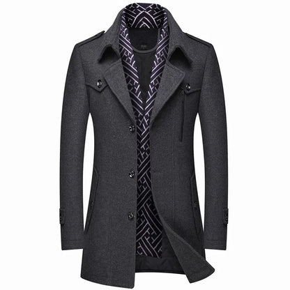 Thickened Men's Woolen Coat Scarf Collar Mid-Length Tweed Outerwear Winter Fashion Slim Fit Pocket Detail Pure Color Design