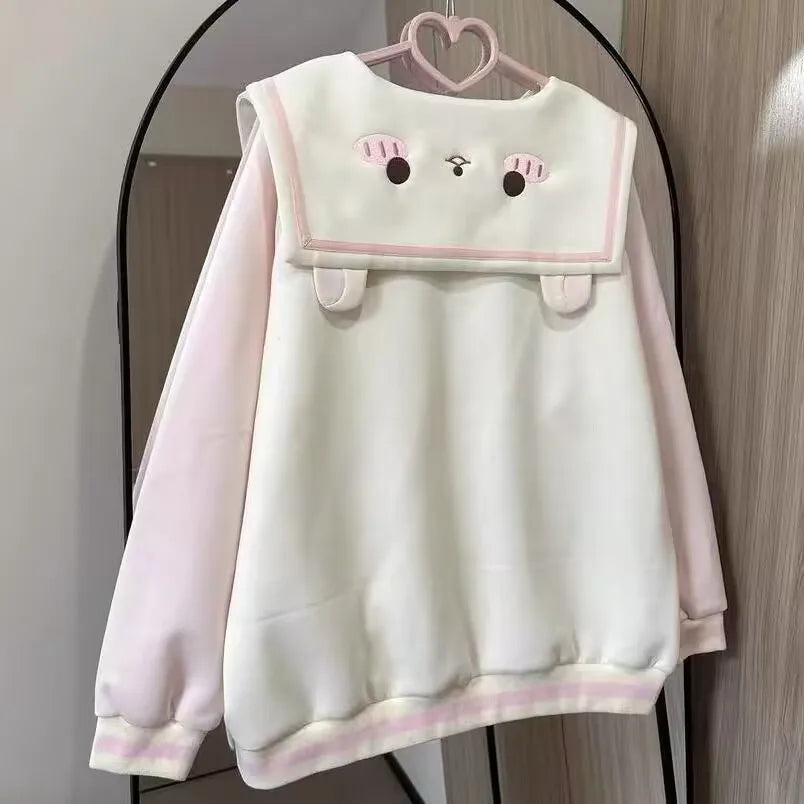 Cute Bear Hooded Zipper Jacket Sweatshirt Set Long Sleeve Autumn Winter Outfit Straight Leg Pants Medium Length Skirt