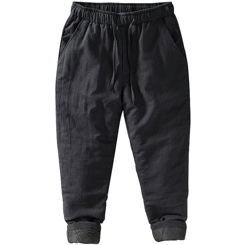 Men's Winter Thickened Cotton Linen Casual Pants Loose Fit Thermal Long Trousers Traditional Chinese Style Warm Cotton Padded