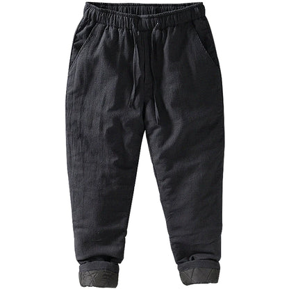 Men's Winter Thickened Cotton Linen Casual Pants Loose Fit Thermal Long Trousers Traditional Chinese Style Warm Cotton Padded