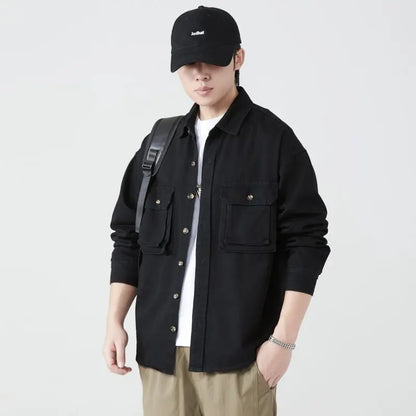 Pure Cotton Tooling Shirts Men Spring Autumn Streetwear Vintage Fashion Casual Loose Long Sleeve Outwear Cargo Jacket Blouse New