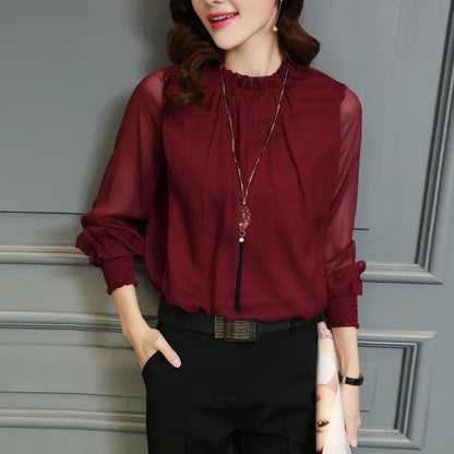 Spring Summer New Style Sexy Large Size Fashionable Mesh Chiffon Top with Lace Trim Stand Collar Base Shirt Women's Top