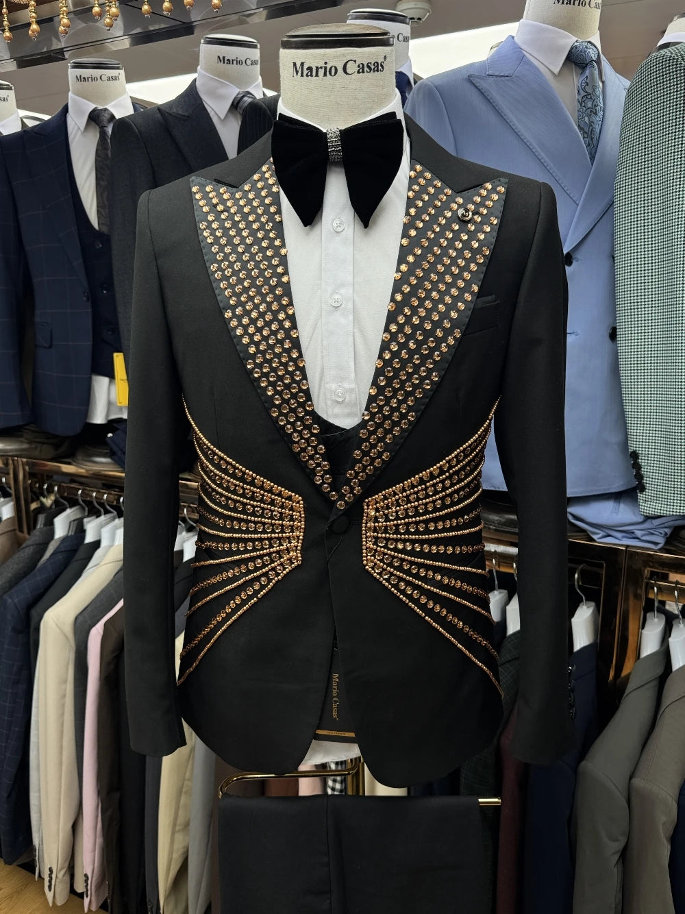 Textured Black Men's Suit Sophisticated Party Beaded Customized Celebrity Peak Lapel Groom Wear In Stock Prom Set Fast Shipping